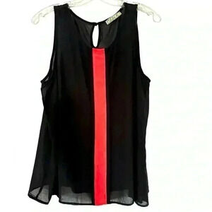 CHLOE K BLACK SILK TANK WITH NEON ORANGE STRIPE KEY HOLE WITH BUTTON CLOSURE